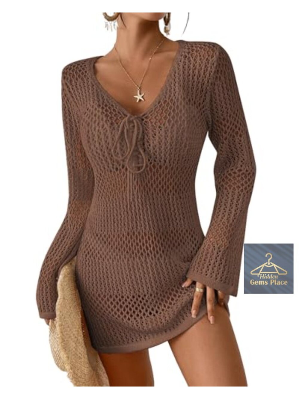 Crochet Swimsuit Coverup Long Sleeve V Neck Beach Dress